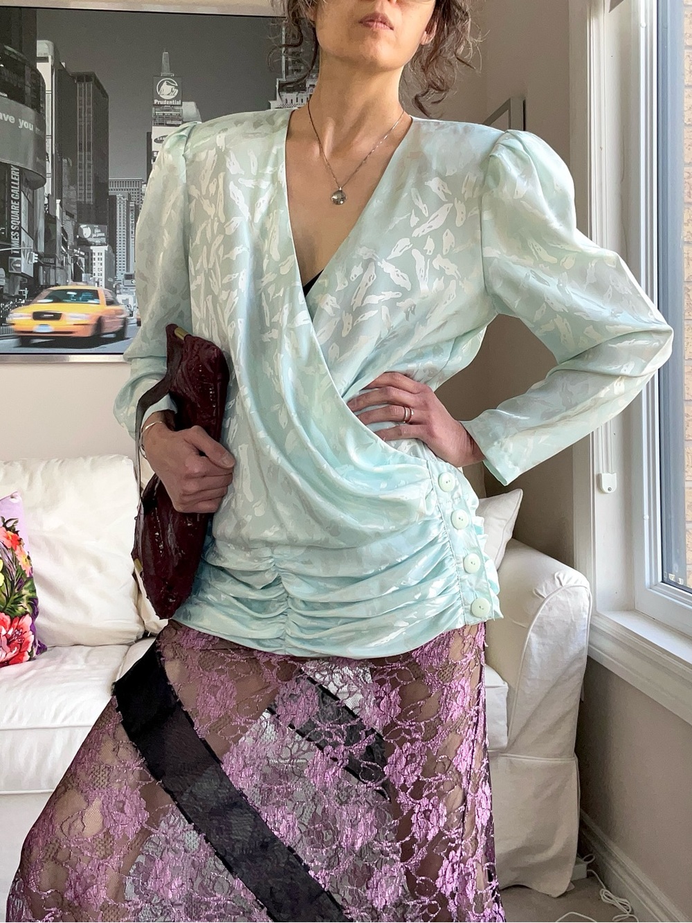 Vintage pastel green faux wrap long top